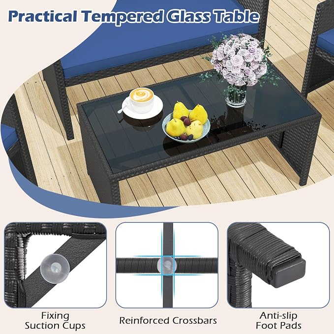 RELAX4LIFE 8-Piece Patio Furniture Set - Wicker Rattan Outdoor Sectional Sofa Set w/Glass Coffee Table, Loveseat, Chairs & Soft Cushions, Bistro Conversation for Garden Porch (2, Black-Navy)