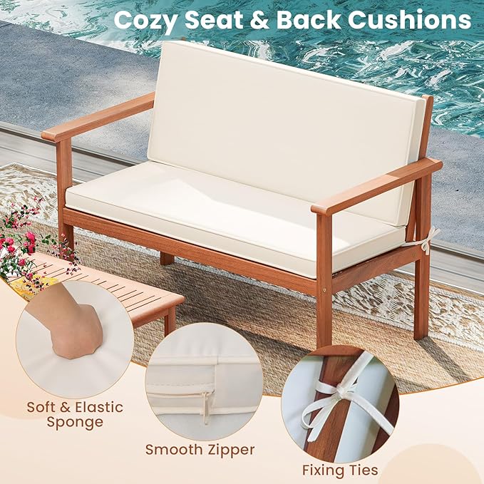 Tangkula 8 Pieces Acacia Wood Patio Conversation Set, Outdoor Wooden Cushioned Chairs & Slatted Coffee Table Set,for Backyard, Porch, Balcony, Poolside and Lawn (Off White,2)