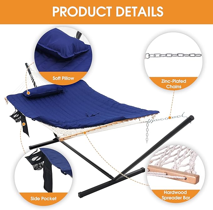 Lazy Daze Hammocks Double Hammock with 12 ft Steel Stand, 2 Person Cotton Rope Hammock with Quilted Pad, Spreader Bars, Detachable Pillow, Mag Bag & Cup Holder, Blue