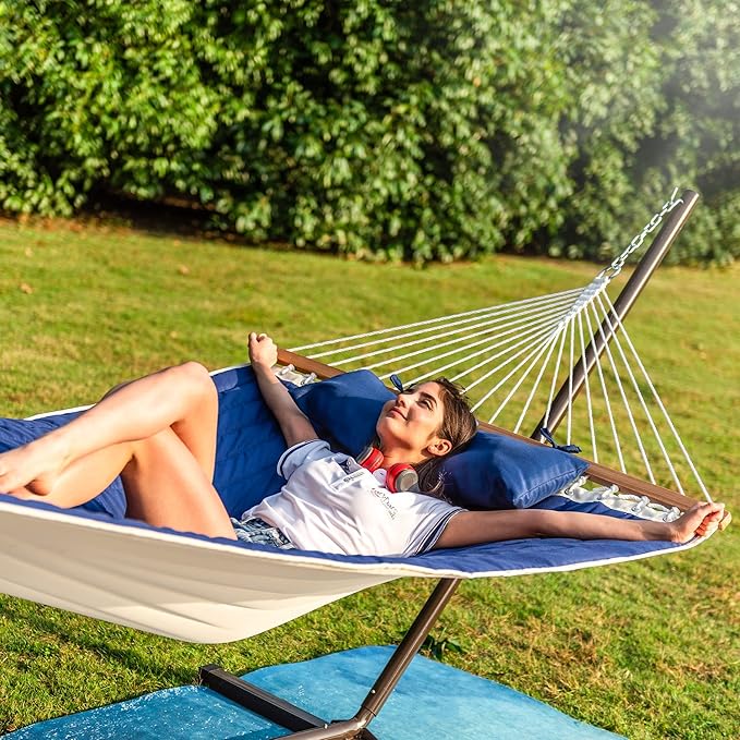 Lazy Daze Quilted Fabric Hammock with 12-Foot Stand, Double 2-Person Hammock with Pillow for Outdoor Outside Patio, Garden, Backyard, 450LB Capacity, Royal Blue