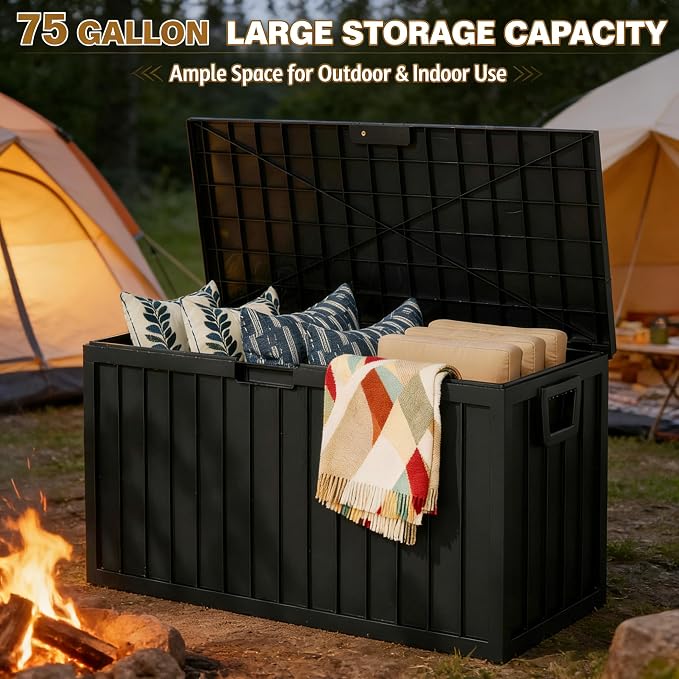 75 Gallon Large Deck Box,Deck Box Outdoor Storage Boxes (BLACK)