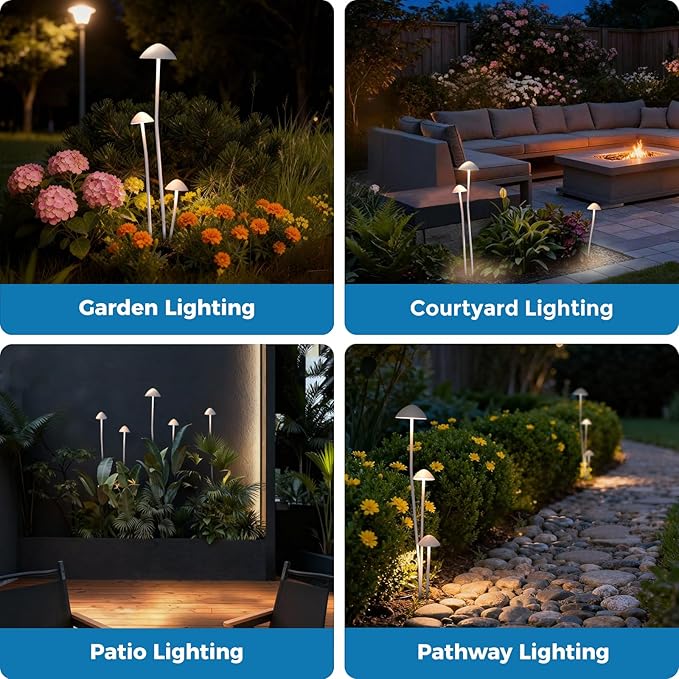Gardencoin LED Low Voltage Outdoor Lighting Kit, 24V Outdoor Landscape Decorative Lights, Unique Aluminum Mushroom Light Wired with Transformer for Garden, Patio, Lawn, Backyard, Pathway, Set of 3