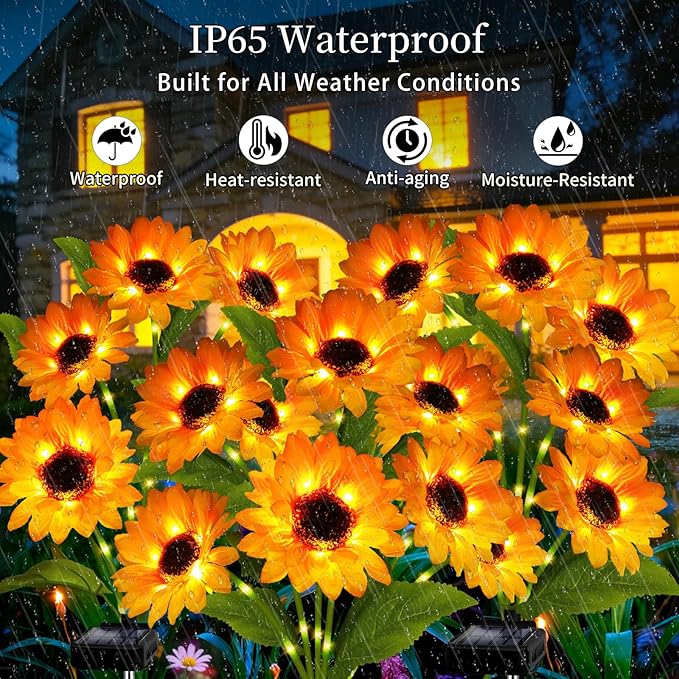 Solar Garden Lights Outdoor, 6 Pack Solar Sunflower Lights with 36 Head 3.4 Inch Flowers, Waterproof Flowers Light Fall Thanksgiving Decorations for Garden Yard Patio Backyard, Gifts for Mom Women