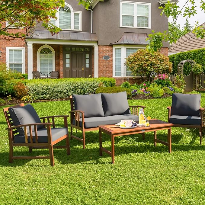 Tangkula 4 Pieces Acacia Wood Patio Furniture Set, Outdoor Seating Chat Set with Gray Cushions & Back Pillow, Conversation Set with Coffee Table, Ideal for Garden, Backyard, Poolside