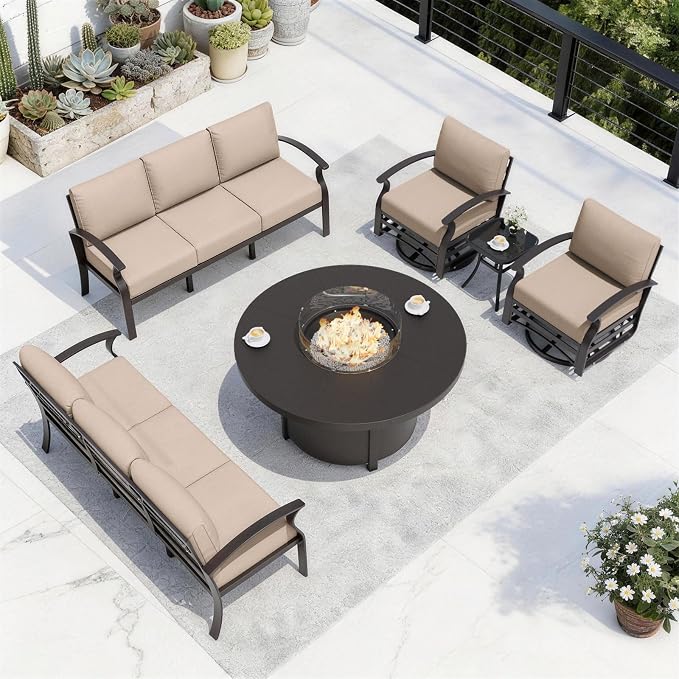 ALAULM Aluminum Patio Furniture Set with Coffee Table Rectangular, 5-seat Outdoor Sectional Furniture w/2 Swivel Chairs, Patio Conversation Set for Porch, Backyard, Poolside-Grey