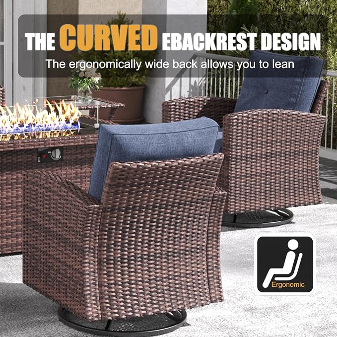 LayinSun 7 Pieces Patio Furniture Set with Swivel Chairs, Rattan Wicker Rocking Glide Chairs with 44" Propane Gas Fire Pit Table Conversation Set