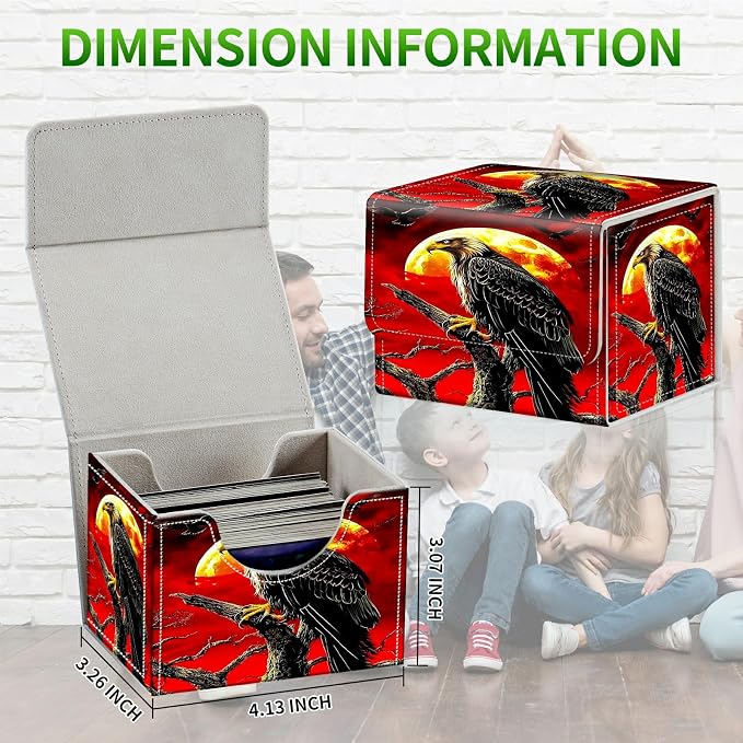 Card Deck Box for MTG, Cards Storage Box Fits 120+ Sleeved, Leather Small Size Strong Magnetic Closing Card Case for Board Games Magic TCG CCG Baseball Collection, Red Sky Eagle
