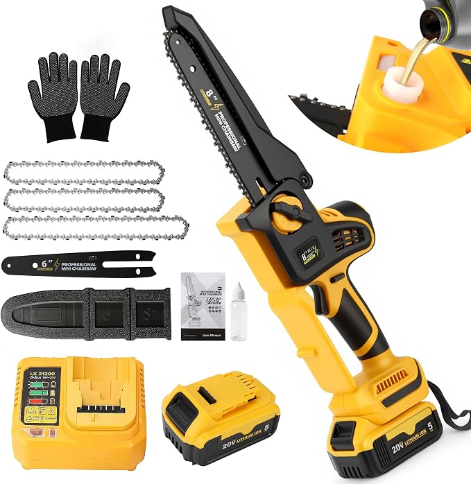 2026 Upgraded 8-Inch Brushless Cordless Chainsaw with 6-Inch & 8-Inch Guide Plates, Compatible for Dewalt 20V MAX Battery (5.0Ah Included), Tool-Free Chain Tensioning & Automatic Lubrication System