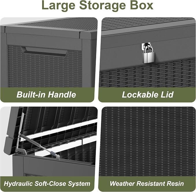Outdoor Storage Box Waterproof, 200 Gallon Lockable Resin Large Deck Box, Patio Storage Bin for Pool Accessories Cushion Furniture, Garden Tools, UV-Resistant Outside Delivery, Black