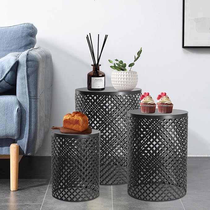 Metal Frame Accent Table,Cylindrical Outdoor Side Table,Decorative Garden Stool,Set of 3 Nesting Side Table,Modern Decorative Garden Stool for Patio Balconies Cafes Parks (3, Black)