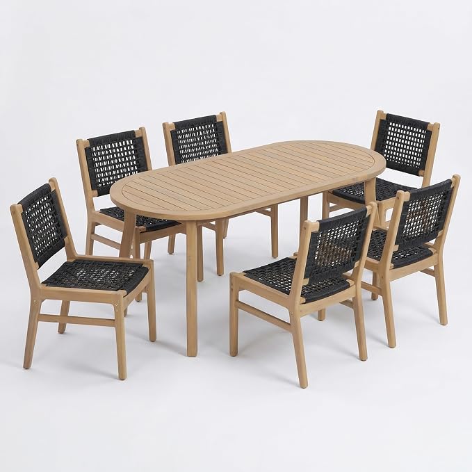 Christopher Knight Home Chuse Acacia Wood Dining Table Set for 6, Solid Wood Outdoor Dining Set for 6, 7 Piece Oval Patio Dining Table and Chair Set with Wicker Seat & Back, Black + Light Teak