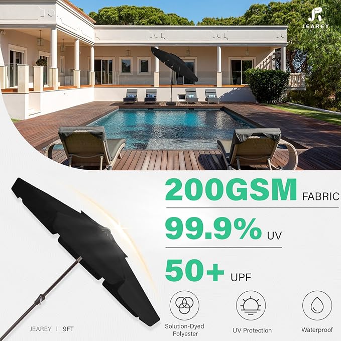 JEAREY 9' 2-Tiers Patio Umbrellas Outdoor Market Table Umbrella w/Push Button Tilt/Crank, 8 Sturdy Ribs, UV Protection Waterproof Sunproof(Black)