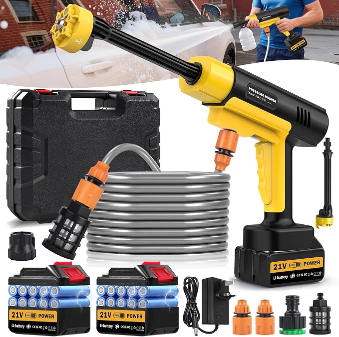 Cordless Pressure Washer, 1885PSI Handheld Portable power Washer, Battery Power Pressure Washer with Brushless Motor, 3.0Ah Dual Batteries &Charger, 6 in 1 Nozzle, 3 Speed Modes, for Car Yard Cleaning