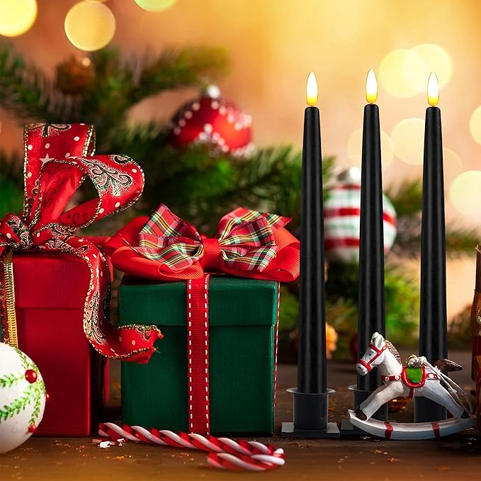 CVHOMEDECO. Flameless Taper Candles with 10-Key Remote, Battery Operated Led Flickering 3D Wick Window Candles Real Wax Finished Home Christmas Party Decor 0.78 x 11 Inch, Pack of 3, Black