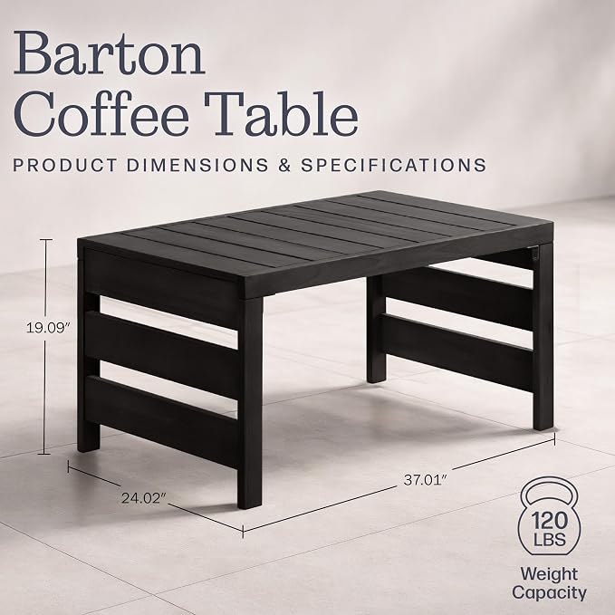 Alaterre Furniture Barton Outdoor Coffee Table - 37” Weather-Resistant Eucalyptus Wood Small Outdoor Table with Slatted Tabletop - Modern Outside Furniture for Patio, Porch, Deck, or Poolside (Black)
