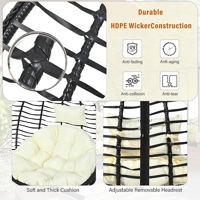 Folding Egg Chair, Outdoor Hanging Hammock Chair with Stand, Patio Wicker Hanging Chair with Iron Frame and Plush Cushion & Removable Headrest for Bedroom, Balcony, Garden (BlackBeige-A)
