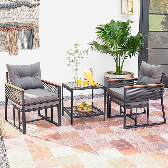 Tangkula 5 Pieces Outdoor Conversation Set, Patio Rattan Armchairs with 2-Tier Side Table & 2 Ottomans, Acacia Wood Armrests & Heavy-Duty Metal Frame, Patio Chairs Set for Porch, Poolside (Grey)