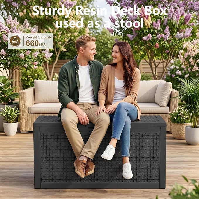 140 Gallon Outdoor Storage Box, Large Resin Deck Box, Waterproof Lockable Storage Container, Storage Bins with Lids for Patio furniture, Garden Tools, Black