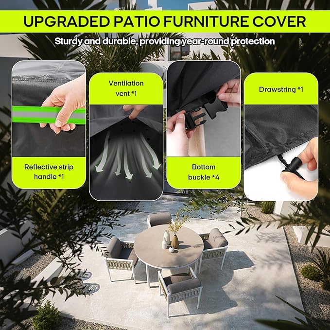 Round Patio Furniture Cover 62 Inch, 600D Oxford Waterproof Heavy Duty UV Resistant, Outdoor Dining Table and Chairs Seating Combo Cover, 62" Dia x 28" H, Black