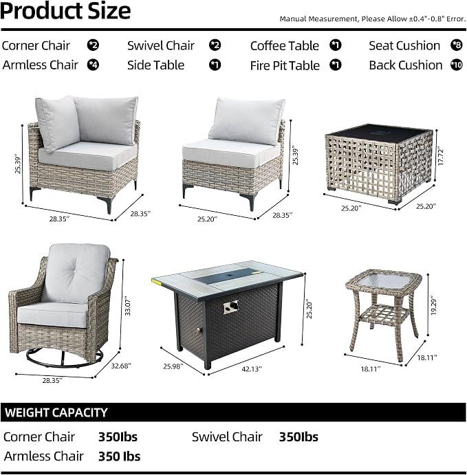 CAODOC 11 Pieces Outdoor Patio Furniture Set, Rattan Wicker Sectional Swivel Rocker Chairs Sets with Fire Pit, Swivel Glider Chairs, and Solar Powered Table