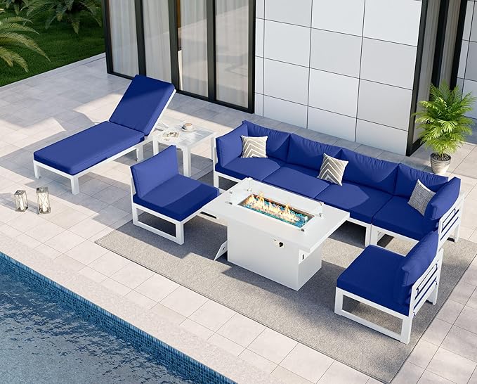NICESOUL 9 Pcs Aluminum Patio Sectional Furniture Set with Chaise & Fire Pit Table, 500 lbs Heavy Duty Anti-Rust Outdoor Couch, 29" Deep Wide Seat, High End Conversation Sofa for Poolside, Navy Blue