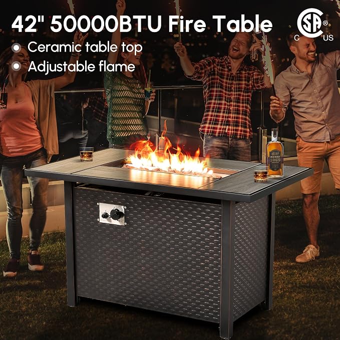 7 Pcs Outdoor Sectional Patio Furniture Set with Fire Pit Table - All Weather Wicker Modular L Shaped Outside Sectional Couch,Patio Seating Outdoor Conversation Sets for Deck Yard Garden,Orange Red