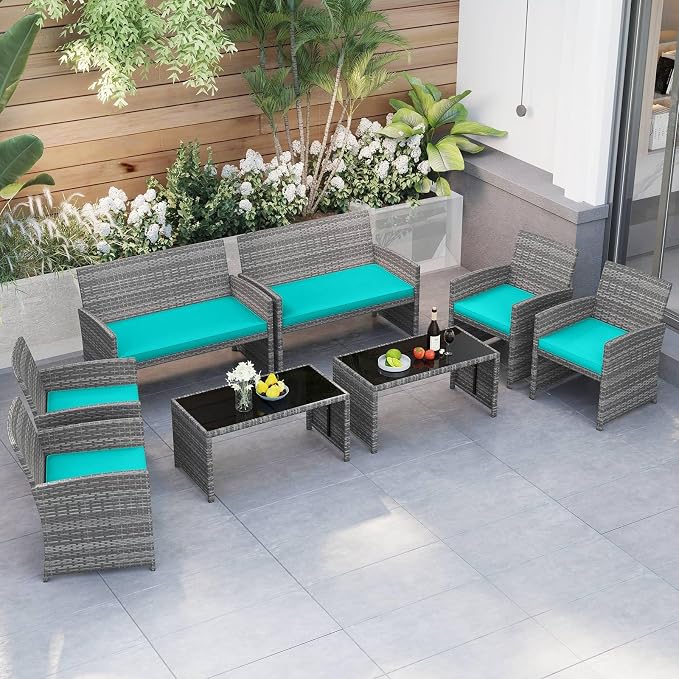 RELAX4LIFE 8-Piece Patio Furniture Set - Wicker Rattan Outdoor Sectional Sofa Set w/Glass Coffee Table, Loveseat, Chairs & Soft Cushions, Bistro Conversation for Garden Porch (2, Grey-Turquoise)