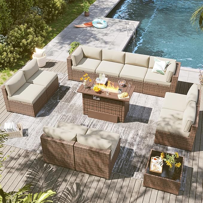 LazySunsets 12 Piece Outdoor Patio Furniture Set with 44'' Fire Pit Table, Outdoor Patio Furniture Sets with Waterproof Cover, Wicker Rattan Outdoor Conversation Set for Backyard & Garden, Beige