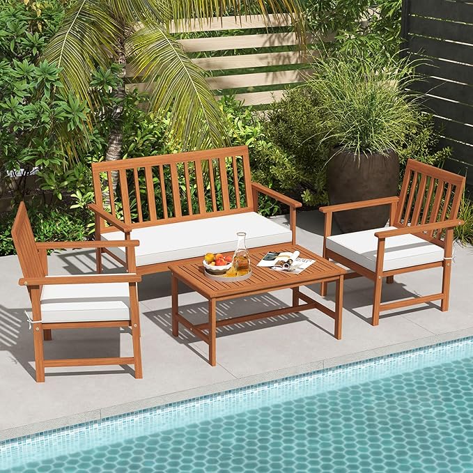 HAPPYGRILL 4 Pieces Acacia Wood Furniture Set, Patio Conversation Set w/Seat Cushions & Robust Wood Frame, Outdoor Loveseat Sofa, 2 Armchairs & Coffee Table Set for Backyard, Porch, Poolside (1)