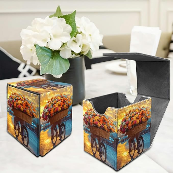 Flower Bike Card Deck Box for MTG, Personalized Card Storage Case Fits 120+ Sleeved Cards, Premium Leather TCG Box with Strong Magnetic Closure for Magic, CCG, PTCG, Baseball Cards
