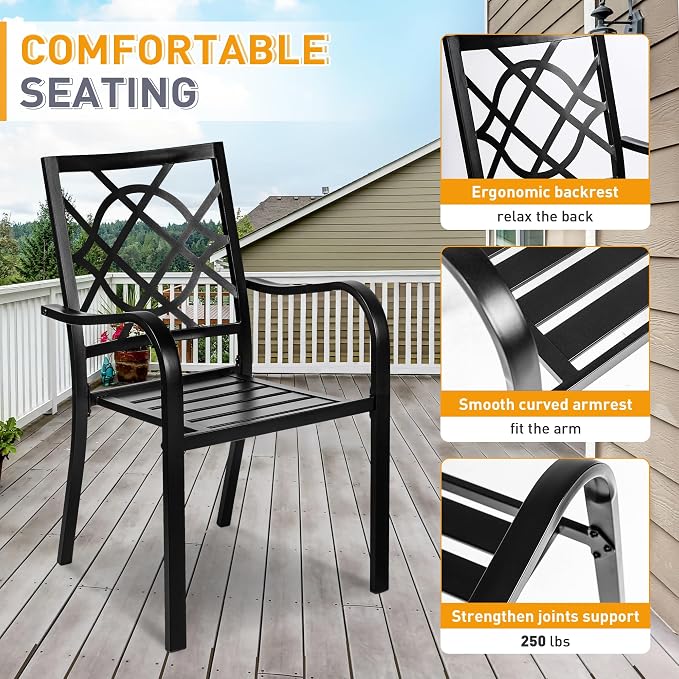 SUNCROWN 7-Piece Outdoor Wrought Iron Chairs and Table Patio Dining Furniture Set - 6 Stackable Metal Chairs, 1 Steel Slat Bistro Table for Garden Backyard Deck