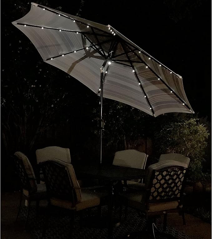 9' Round Patio Umbrella with 32 Solar Powered LED Lights, Push-Button Tilt and Hand Crank Lift, Solar Lighted Umbrella in Scarlet Stripe for Patio, Porch, and Backyard by Sun-Ray