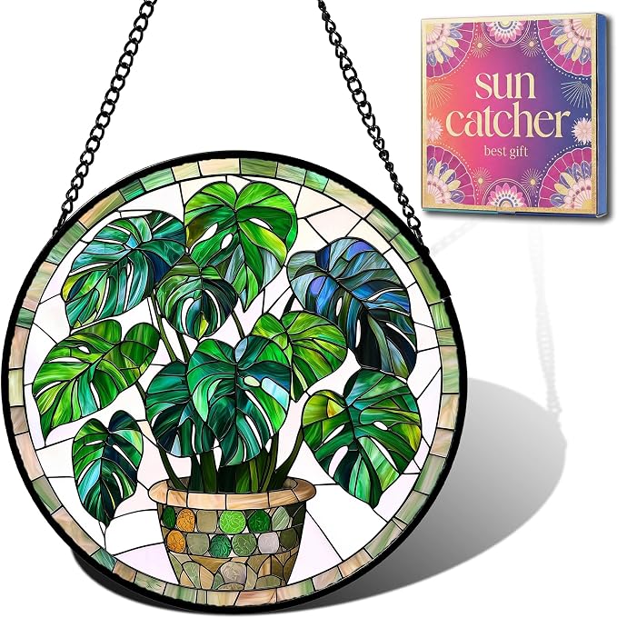 Birthday Gifts for Women - Green Monstera Plant Faux Stained Glass Window Hanging Sun Catcher for Door Garden Acrylic Decor Mother's Day Christmas for Mom Nana Grandma Sisters Wife 9.8"