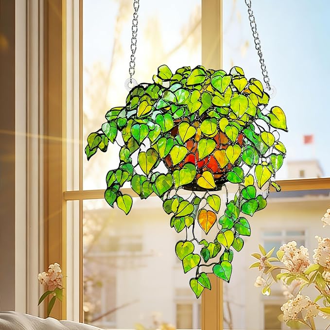 Plant Suncatcher Glass, Stained Glass Suncatcher Plant Window Hanging, Unique Nature Lover Gifts Leaf (Green)