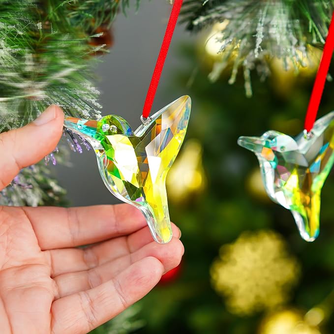 2 Pcs 3 Inch AB Coating Crystal Hummingbird Suncatcher Hanging Window Decor | AB Colored Crystal Glass Hummingbird Prisms Sun Catchers Hanging Pendants Set of 2 for Window Garden Christmas Tree Decor