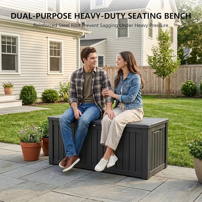 Outdoor Storage Box, 150 Gallon Waterproof Deck Box [Upgraded 3.0], Piston-Assisted Resin Trunk for Sectional Sofa Cushions, High-Capacity Lockable Double Storage Bench, Patio Lounge, Black