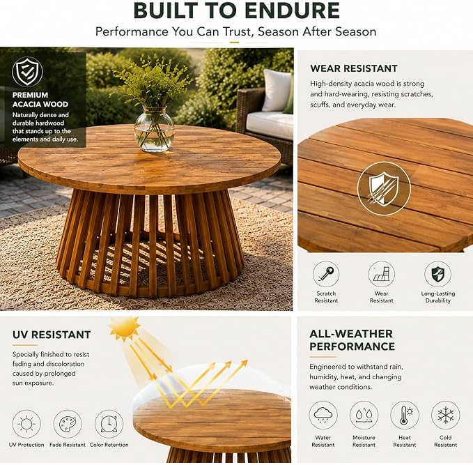 Round Outdoor Coffee Table for Patio, 31.5 Inch Acacia Wood Side Table with Slatted Pedestal Base, Farmhouse Outside Coffee Table for Garden, Balcony, Poolside, Porch, Weather-Resistant, Teak