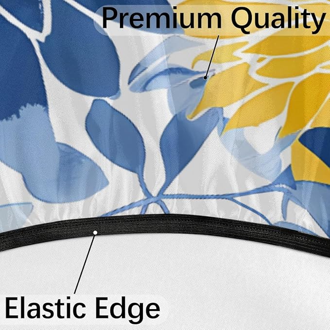 OSAM SPACE Outdoor Tablecloth with Umbrella Hole, Round Elastic Fitted Table Cloth with Invisible Zipper,Blue Yellow Chrysanthemum Flower Picnic Patio Table Cover 36-44in