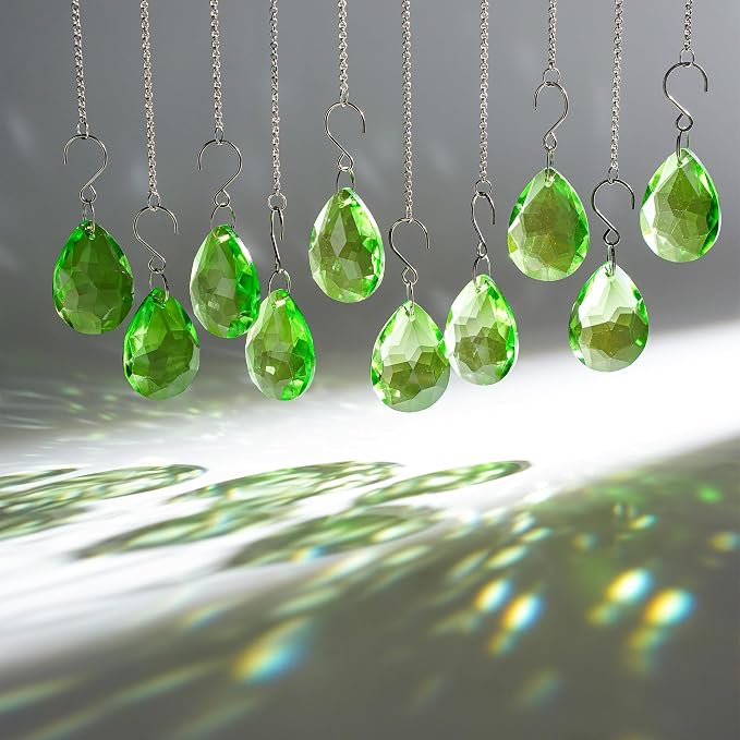10 Pcs Green Crystal Bauhinia Suncatcher Prisms Chandelier Window Decor | Green Crystal Bauhinia Prisms Suncatcher Pendants 38mm Chandelier Beads Replacement Hanging for Window Wedding Party Decor