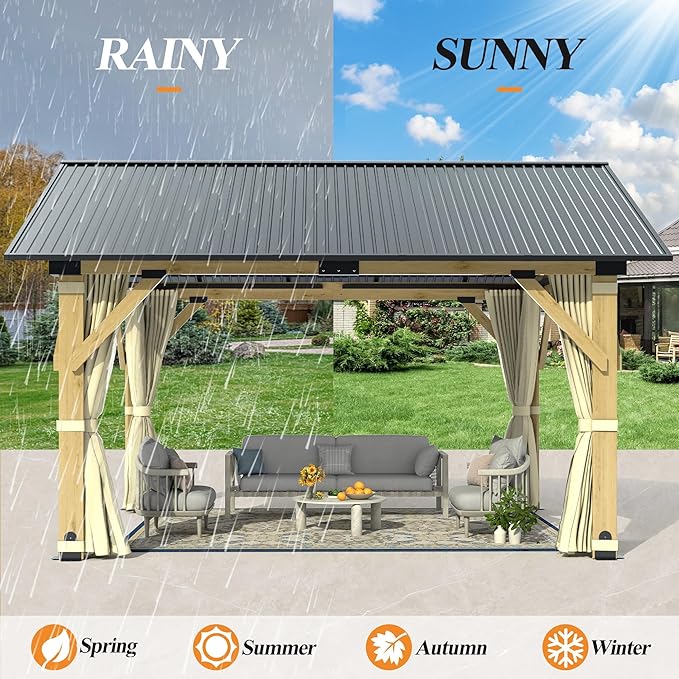COVERONICS 11’x13’ Outdoor Outdoor Wood Gazebo - Patio Gazebos with Galvanized Steel Roof, Cedar Wooden Gazebo with Privacy Curtains and Netting for Garden, Porch, Patio and Deck