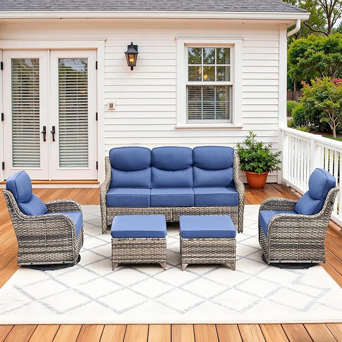 Luxury High Back Patio Furniture Set with 6-Inch Thick Cushions, 5-Pieces Outdoor Furniture with Swivel Chairs, Wicker Conversation Set for Porch, Balcony, Deck and Yard, Grey/Blue