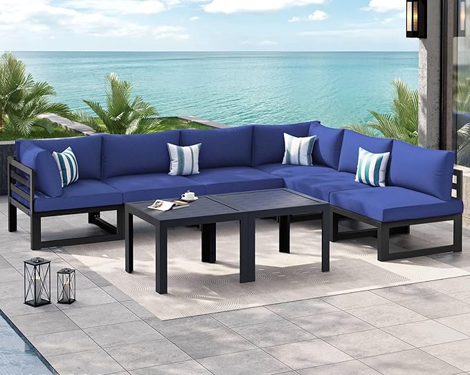 NICESOUL 8 Piece Large Luxury Aluminum Patio Conversation Set, 29" Deep Wide Comfortable Sitting, U Shaped Modular Sectional Couch, 500 lbs Heavy Duty All Weather Outdoor Sofa for Backyard, Navy Blue