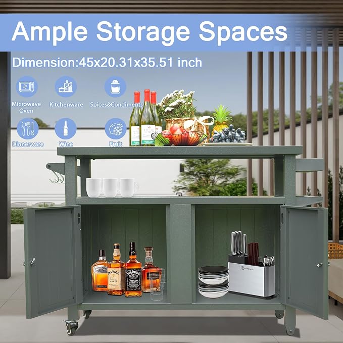 Outdoor Storage Box and Grill Prep Table with Wheels, 83 Gallon Metal Patio Storage Cabinet for BBQ Tools and Garden Gear, Lockable Lid and Side Shelves, 51.67 x 20.31 x 35.51 Inches, Grey