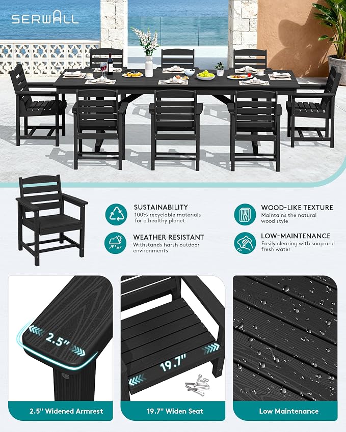 SERWALL 10 Piece Outdoor Dining Set with 15ft Triple-Head Foldable Umbrella(Based not Included), 84" HDPE Outdoor Table and Chairs for 8, Black