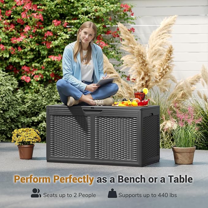 Tangkula 100 Gallon Outdoor Storage Box, Lockable Outdoor Storage Bench with 2 Smooth Wheels, Faux Rattan Surface, Waterproof Resin Deck Box for Outside Poolside Patio Garden (Grey)