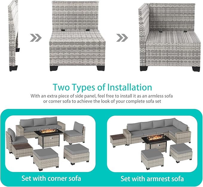 9-Piece Outdoor Patio Furniture Set with 55,000 BTU Fire Pit Table, PE Wicker Rattan Sectional Sofa Patio Conversation Set with Ottomans & Coffee Table, Grey