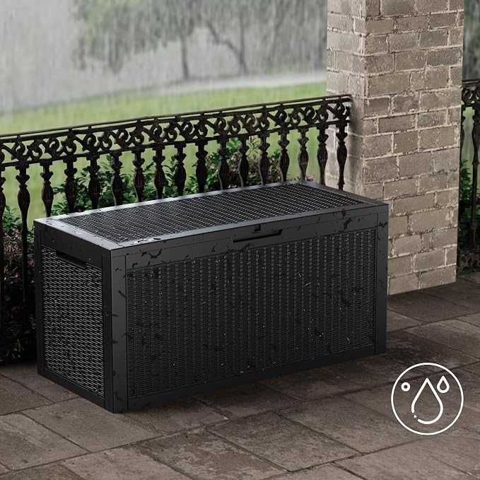 Outdoor Storage Box Waterproof, 100 Gallon Lockable Resin Deck Box Large, Patio Storage Bin for Pool Accessories Cushion Furniture, Garden Tools, UV-Resistant Outside Delivery Black