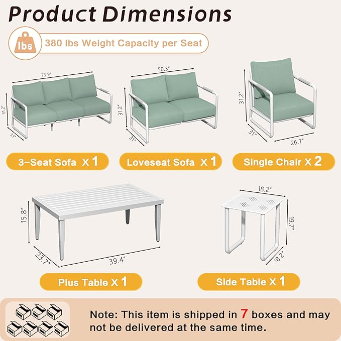 Aluminum Outdoor Patio Furniture Set, 6-Piece Conversation Sofa Set with Coffee Table, Thick Cushions & All-Weather Aluminum Frame, Modern Garden Seating for Backyard, Poolside, or Porch – White