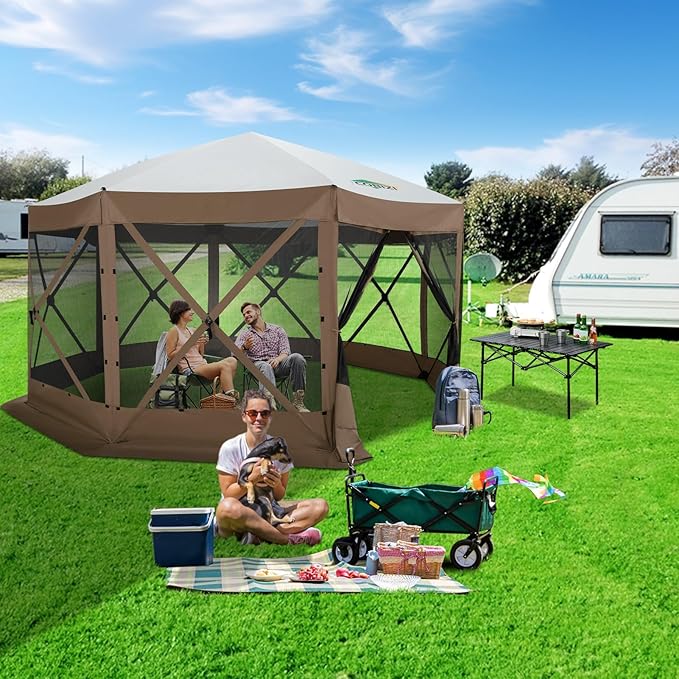 COBIZI 15x15 FT Pop Up Gazebo - Canopy Tent, Large Gazebos On Clearance with Sidewalls, Screened in Gazebo,carpas para Patio,Portable Screen Tents for 12-15 Persons Outdoor Camping, Backyard,Brown