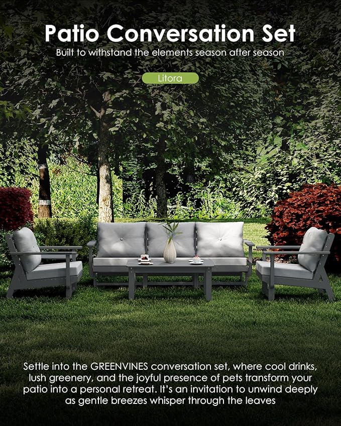 GREENVINES Outdoor-Couch | HDPE Plastic | Patio Sectional Conversation Set | All Weather Couches | Sofa with Detachable Armrests | for Porch Deck Lawn | Gray Frame Light Gray Cushion